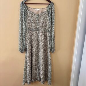 Oak+Fort|‎ Off-the-Shoulder Sage Green Floral Long Sleeve Lined Midi Dress Sz S